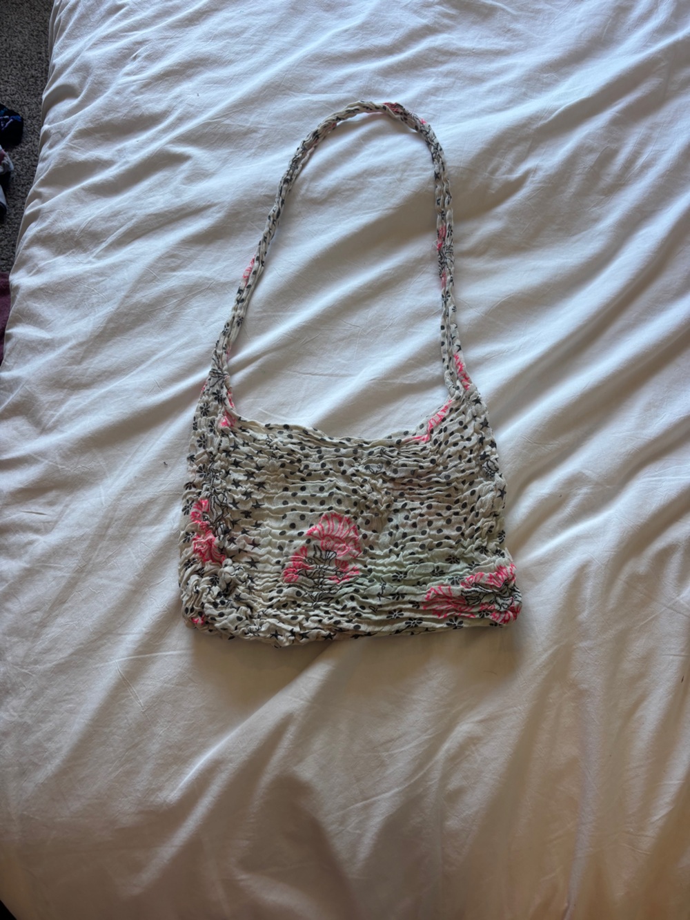 Women's Floral Smocked Shoulder Bag in Cream and Pink